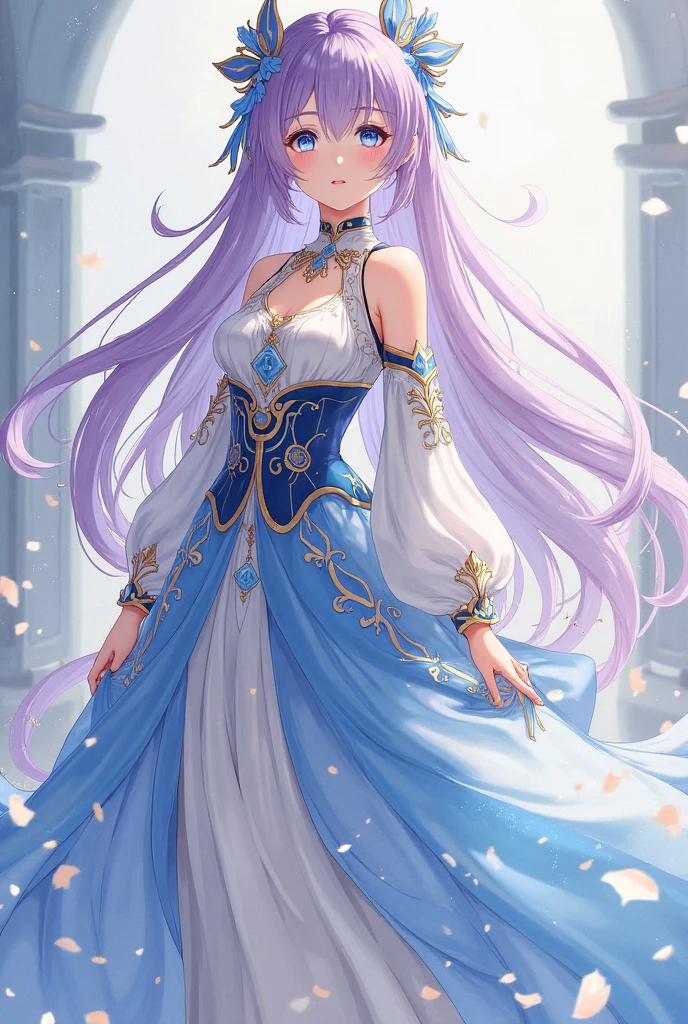 Genshin Impact Princess Outfit Idea for a Full Length Girl, anime, Long purple hair with bangs and dull blue eyes, blue and white clothing with gold idea clothing gemshing impact detailed sleeves showing shoulder full body