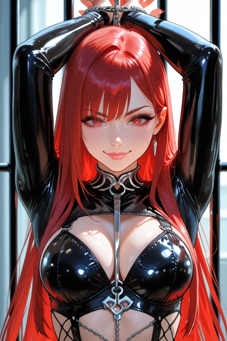 ((extreme detail)), (ultra-detailed) best quality, red bodysuit, red halo, horns, devil, succubus, evil smile
