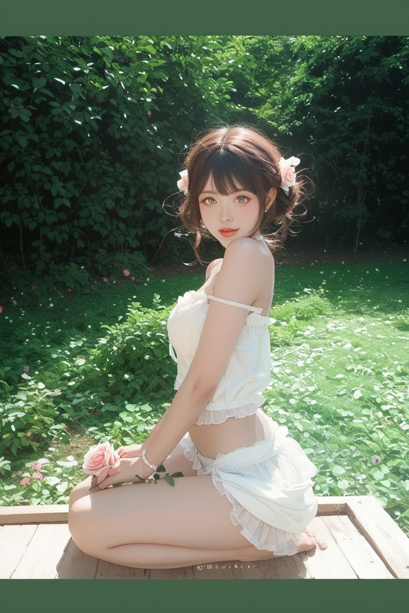 A little smile、、See through、Turn to me、Realistic、(10 year old girl)、Close-up view from the ground、Climbing a steep summer mountain、Butt Emphasis、White polka dot shorts、Tight Berry Short Mini Skirt