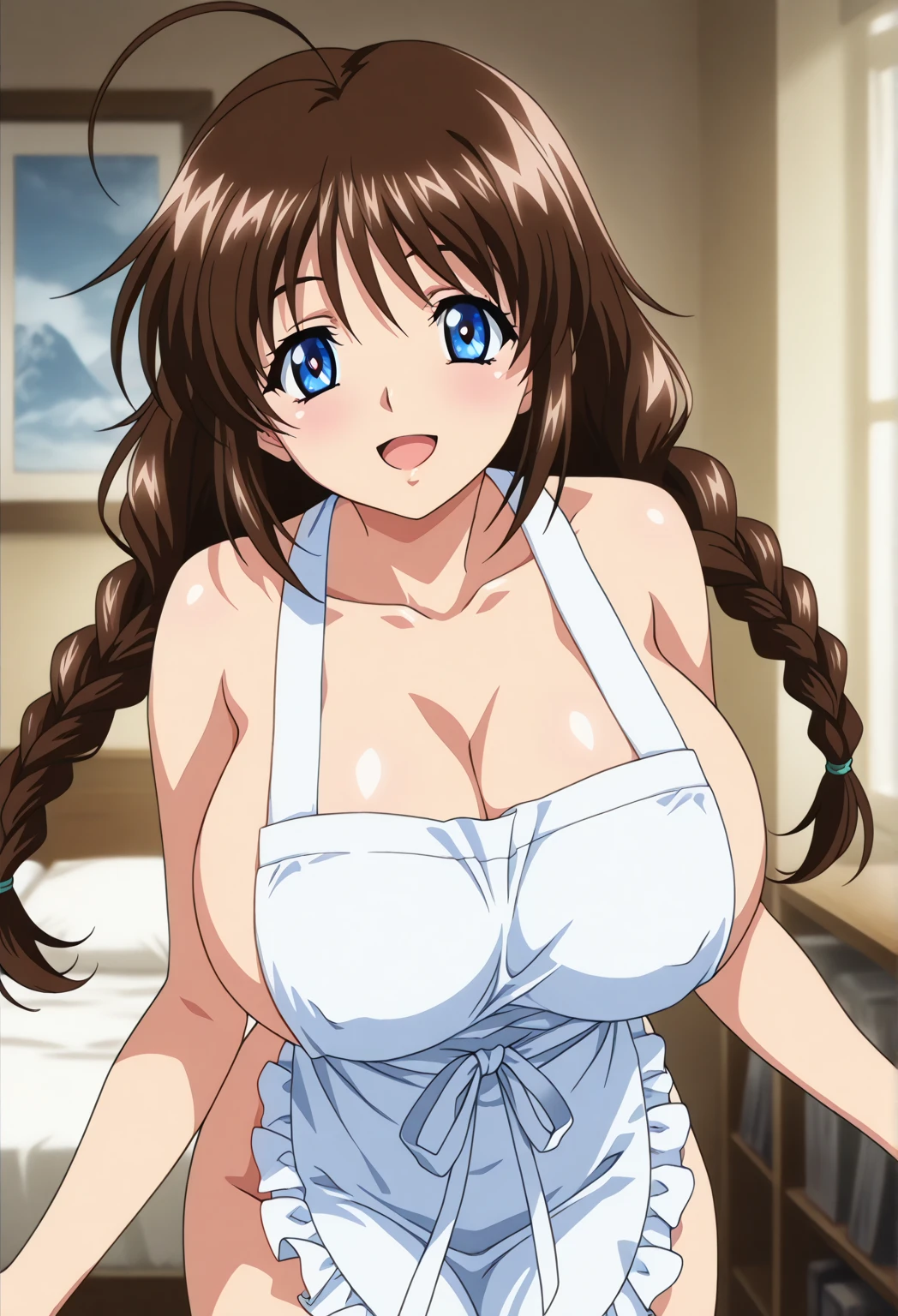 (anime cels style, megami magazine, poster style, best quality, high resolution, sharp image, 8k wallpaper, masterpiece), (beautiful detailed eyes, beautiful detailed face), Mamako, (brown hair, long hair, bangs, ribbon), blush, (huge breasts), white bikini, (upper body, sitting), simple background, (perfect detailed anatomy, perfect detailed body, perfect arms, perfect fingers, shiny skin)