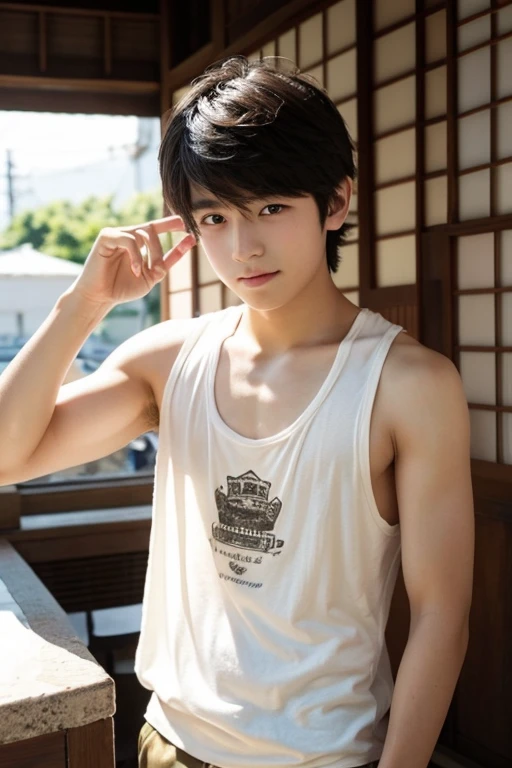 random view, wallpaper, realistic, professional anime style, ((((Ganyu from Genshin Impact)) upper body, 22 years old, slim build, well-built body, short hair, smile, blushing, outdoors, day) ), (background: simple, blue sky, temple, looking at viewer, stairs, mountain), back lighting, (((intricate details)))