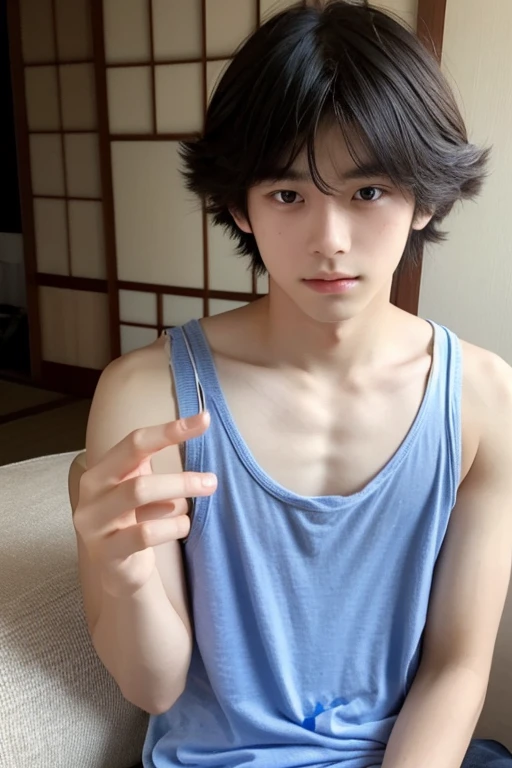 high resolution, realistic, A hyper-realistic, 15 years old boy, Edgy Ulzzang boy, gorgeous boy face, smiling, showing dominance, skinny body, shirtless, male, fair skin, sweating wet, armpit,full body.