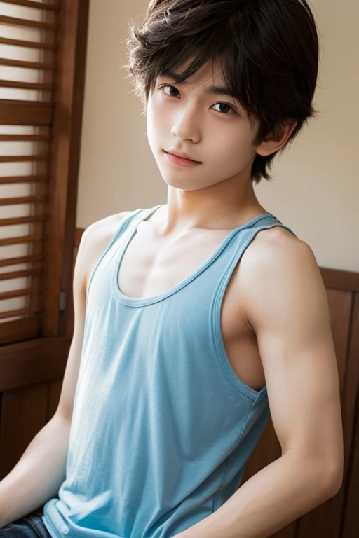 Japanese men、13 years old、Muscles and smooth skin、Very short black hair、A relaxed and friendly smile、Light pink boxer briefs、The whole body is well visible、