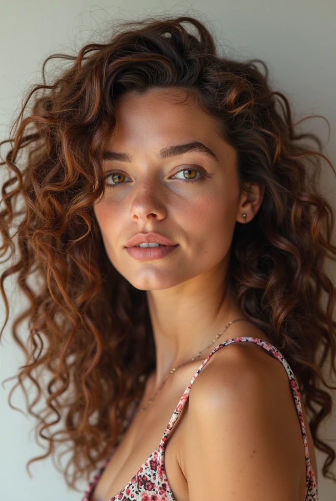 curly-haired woman with large breasts