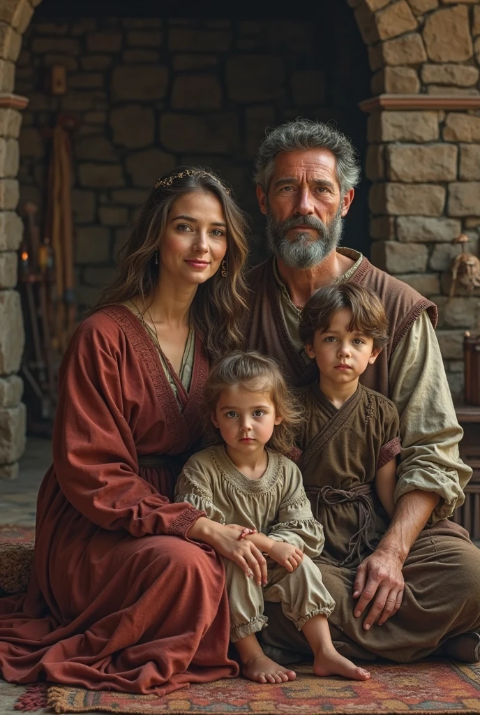 Create a captivating cinematic photo, with the holy family of Nazareth, Joseph being 50 years old with black hair, Mary being 20 years old with black hair and the baby Jesus being 5 years old with black hair. All of them looking forward with serene eyes. The background shows an old carpentry shop. cinematographic, photo