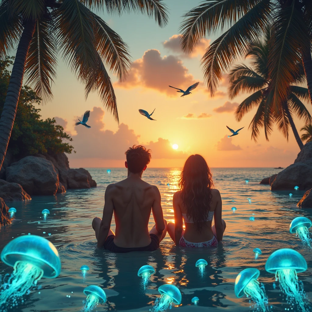 A photo manipulation of a surreal dreamlike scene. The image depicts a two-headed woman blindfolded, standing in the water on a beach at night. The woman's head is partially submerged in the water and the sky above is filled with stars and a crescent moon. An aurora borealis is visible in the distance.  A pink lotus flower and a crab rest on the sand.  A man swims in the distance and a blue fish is visible underwater. Footprints are visible in the sand. The image is dark and mysterious. 
, , photorealistic, hyperrealistic, extremely detailed, ethereal, otherworldly,
 <lora:Manipulator:1.2>