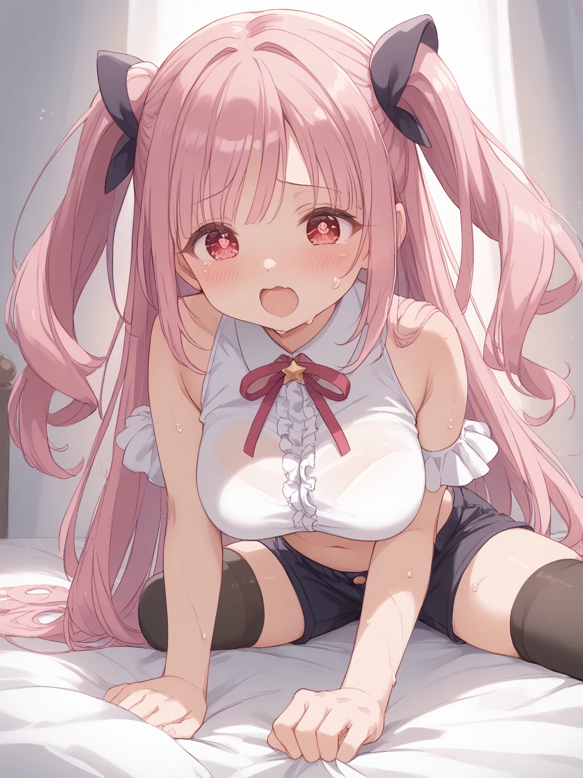 anime girl wearing skirt, showing boobs and with cum, no clothes, pink hair, pigtails hair, spreading legs on a bed, cum inside pussy