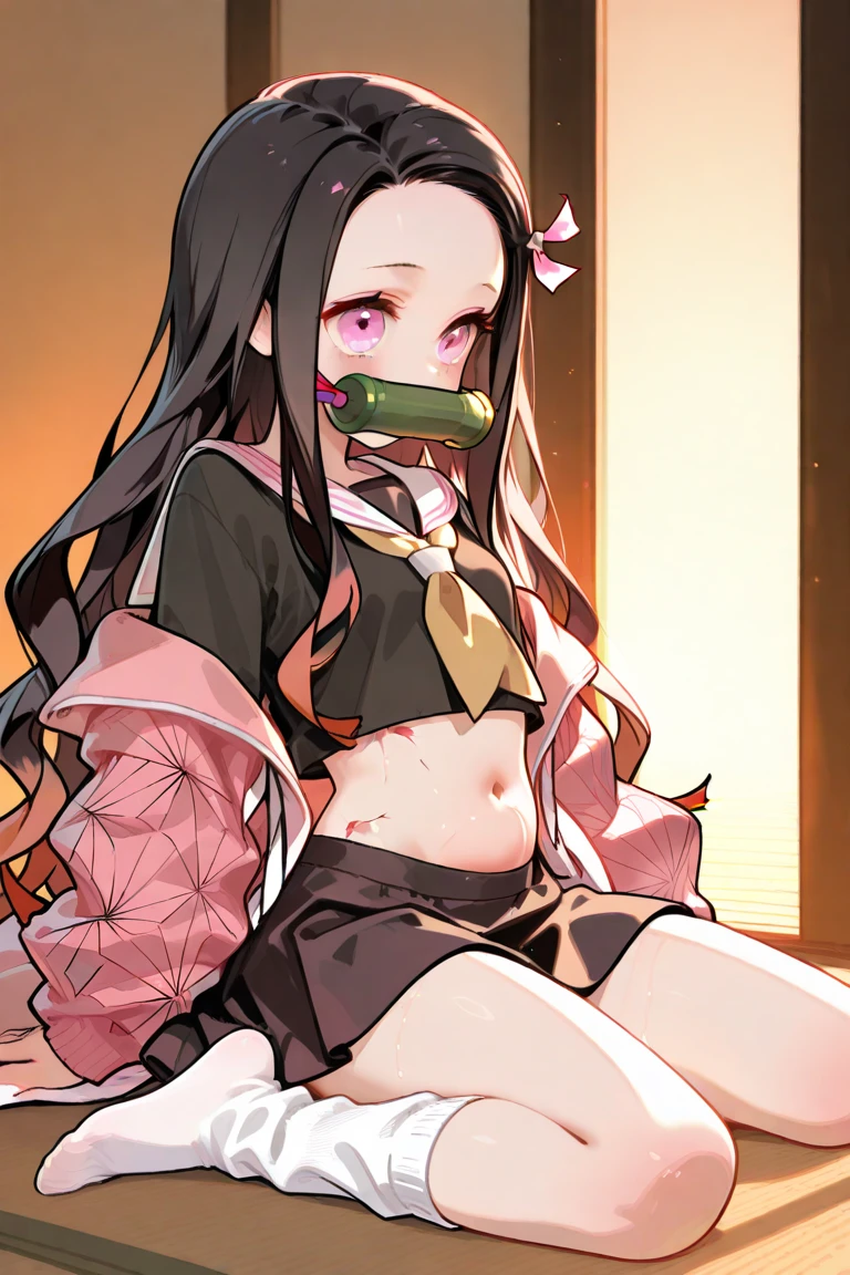 (masterpiece, Highest quality:1.2), (nezuko kamado), One girl, Angry face, The finer details, Glowing Eyes, Black Hair, gag, panties, bamboo, Wide Hips, (small Breasts),(barefoot), (bare legs), (whit bra panties), spread legs, squatting, cowboy shot, Good lighting, indoor