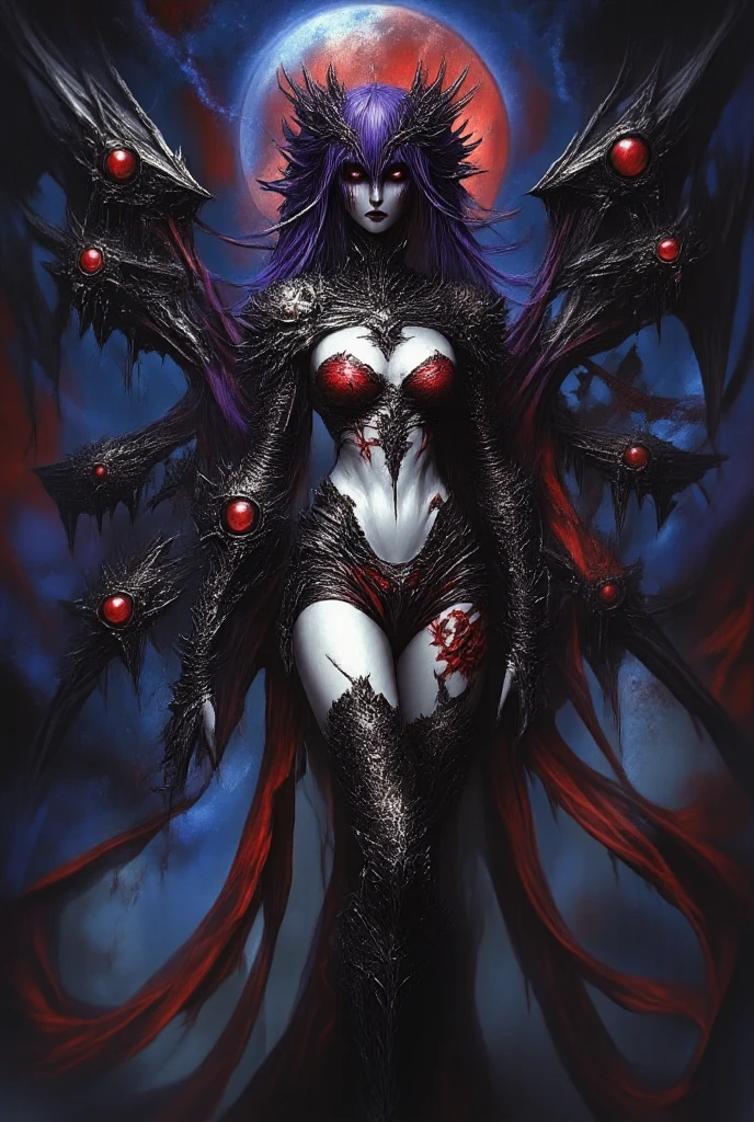 Fantasy Female Necromancer with pale skin and short red hair  , clyde caldwell, dark mascara, heavy makeup, skulls