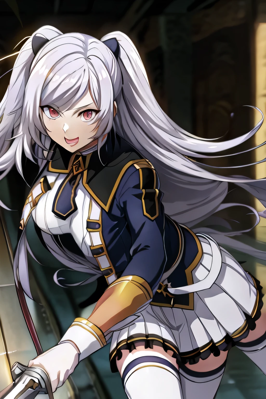 Can you draw a figure holding a sword?,standing figure,Can you draw a woman with a nice smile, Military uniform ,silver hair,twin tails on par with Mecha, , Big breasts, thin waist , Please draw the facial expression more delicately,please express the hands and legs accurately,Inside the building, ,Faces are very important,