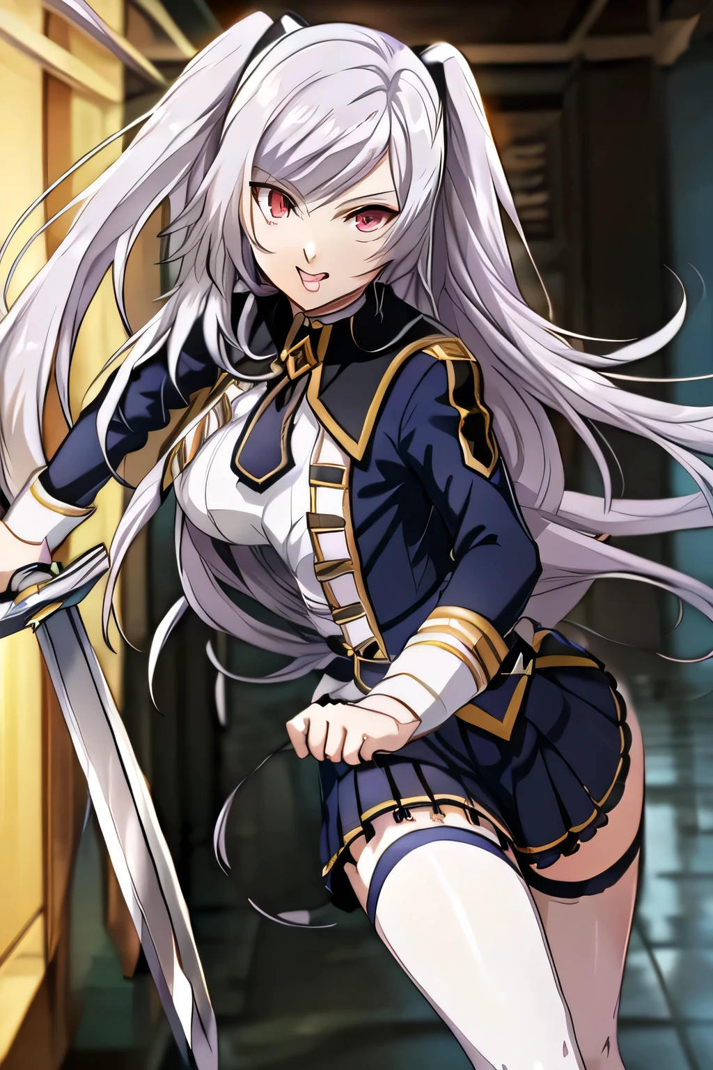 Can you draw a figure holding a sword?,standing figure,Can you draw a woman with a nice smile, Military uniform ,silver hair,twin tails on par with Mecha, , Big breasts, thin waist , Please draw the facial expression more delicately,please express the hands and legs accurately,Inside the building, ,Faces are very important,