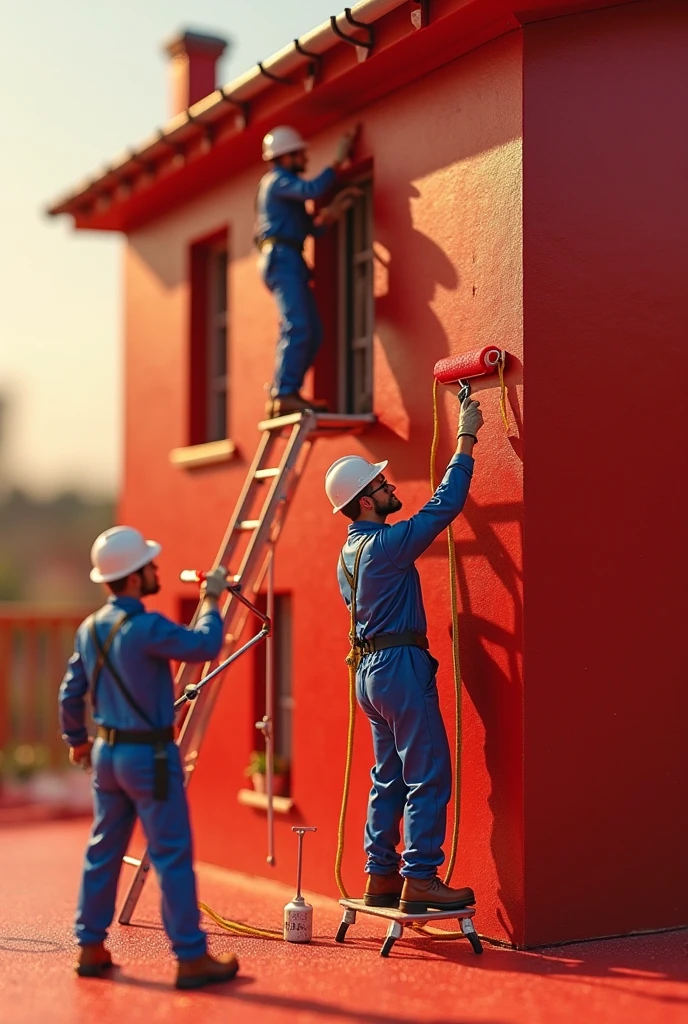 A group of construction workers at work,they take a ladder and hammer in the shape of a "51" building,the most high quality works,miniature art style,red main color,abstract art,