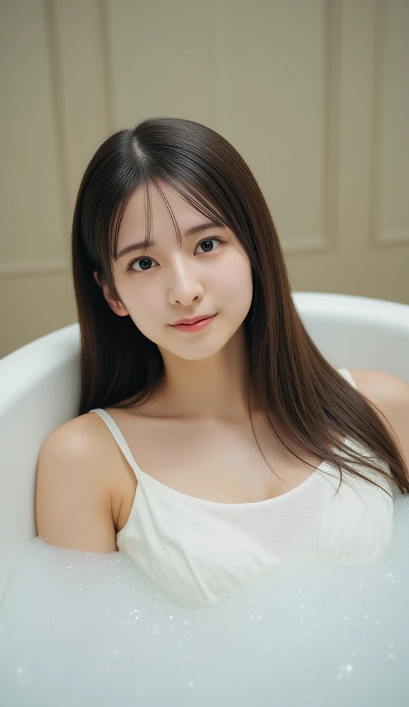 (masterpiece:1.2), Japanese, (((18 years old))), (a girl), bathroom, upper body, light-brown hair, in middle of taking off cloth,