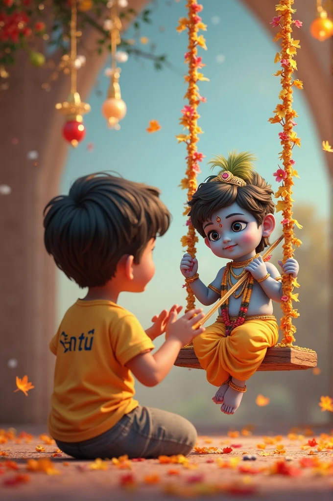 create a 3D realistic picture "A boy is worshiping Shree Krishna and Shree krishna is sitting on a swing and playing flute and "Hitesh" is written on the boy's t-shirts and the boy is worshiping and in the background "Happy Janmashtami" is written in bold font clearly, make sure everything should be correct