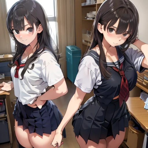 (((masterpiece, Highest quality, High resolution, 超High resolution, Pixel perfect, Written boundary depth, 4K, RTTX10.0, High resolution))), Beautiful Anime Women, Beautiful art style, Anime characters, ((Long Hair, bangs, Dark brown hair, ponytail)), ((Smooth texture, Realistic texture, Anime CG Style)), Perfect body, (Slender body:1.2), Exact finger count、Exact number of legs、(Exact number of arms:1.0, Exact number of hands:1.0), (Three women standing side by side, Lean your torso against the table to expose your buttocks., Angle from above the back:1.3), (Fashionable white shirt, Sailor collar, Knee-high socks, loafers, Pleated mini skirt:1.3), Realistic, Highest quality, High resolution, Perfect lighting, Highly detailed CG, (Perfect hands, Perfect Anatomy), (School classroom:1.3), Daytime lighting, whole body, ((Stylish shiny satin panties, side-tie white panties, Black lace trim :1.3)), (Beautiful and thin thighs、Beautiful little ass:1.3),cum in pussy,nsfw