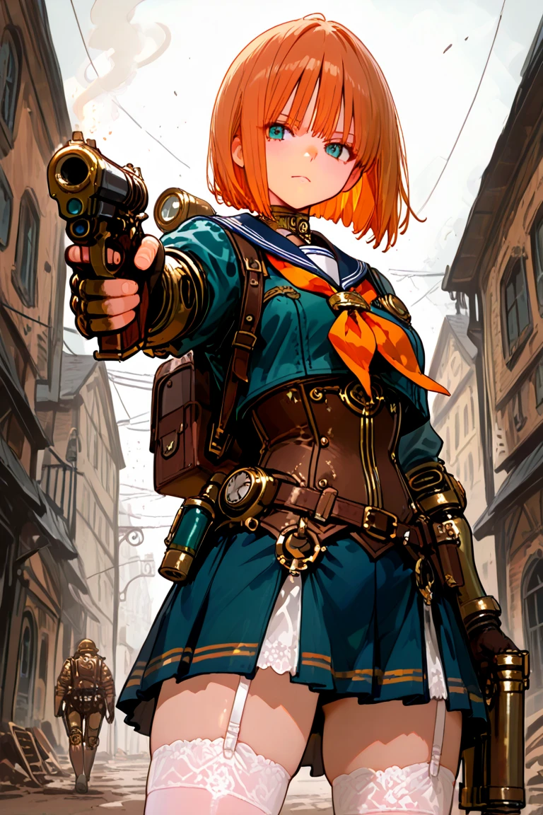Steampunk, a high school girl in a sailor uniform, wearing steampunk power armor to reinforce her core, holding a pistol in her right hand, pointing the gun at me, a tube connecting the power armor from her backpack, orange short bob hair, airy hair, white stockings, thighs and absolute domain, a battlefield set in a steampunk city, masterpiece, high-definition anime illustration, high quality, high resolution,