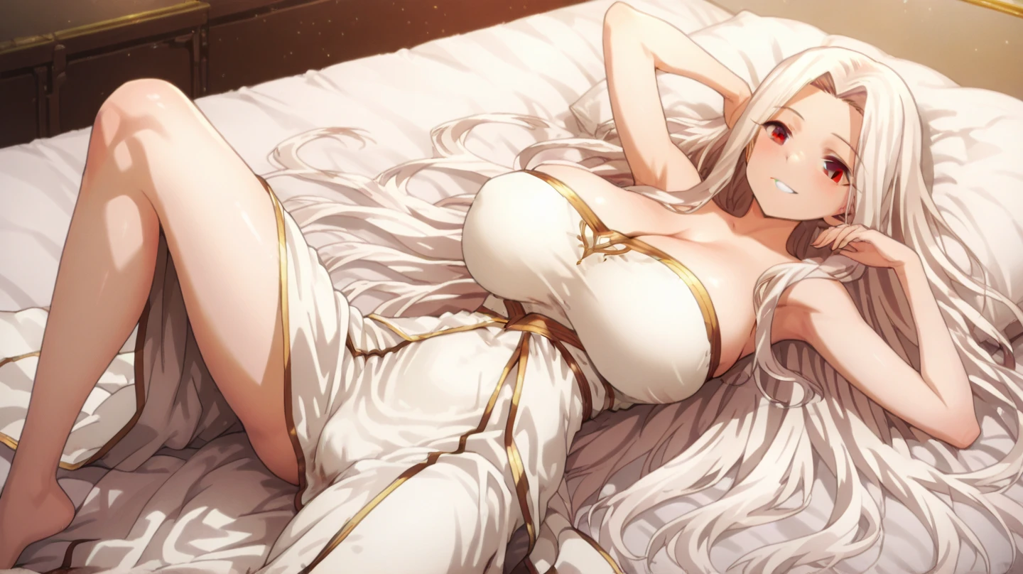 Irisviel,gray with golden dress sleeveless,solo,looking at viewer,beautiful smile,arm at side,middle size of breast,beautiful necklace,hands up with laughs,lying down in bed,lying in her back 