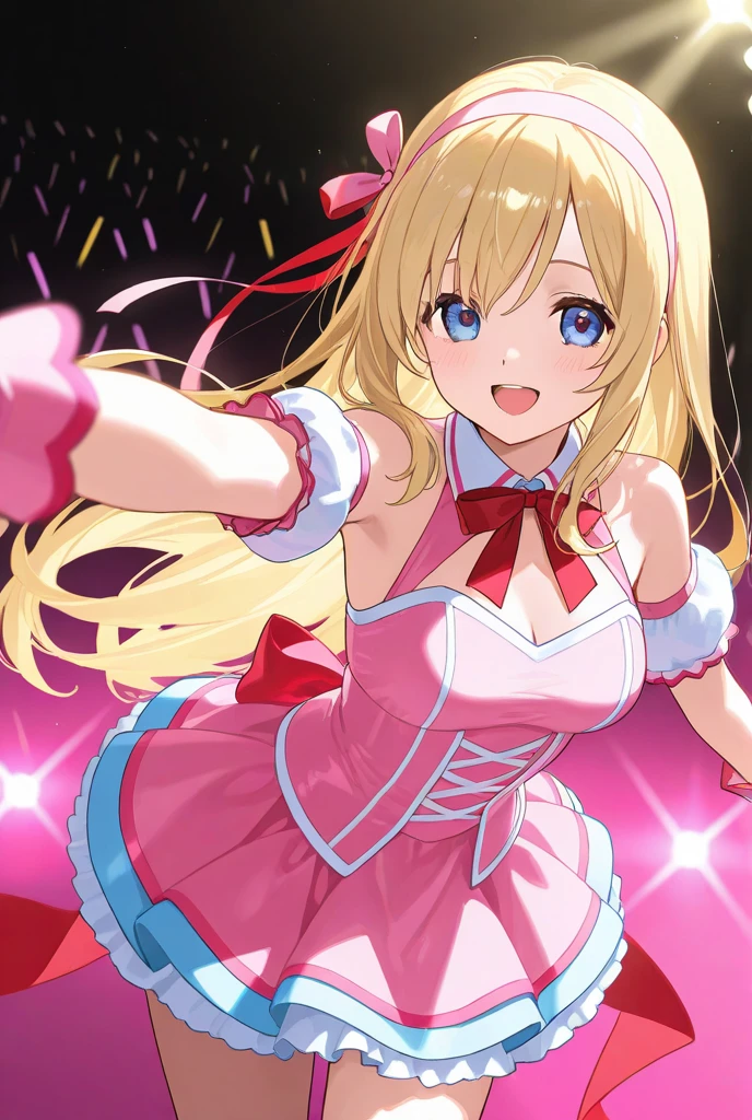 MLTD bg style, (best quality, 8K, masterpiece, HDR, ultra detailed:1.2), cinematic angle, (light particles, sparkle), lens flare, depth of field, bokeh,
1girl, white gloves, open mouth, microphone, short puffy sleeves, glowstick, smile, petals, maid headdress, frills, blush, solo, stage, white thighhighs, belt, hair bow, hair ribbon, medium breasts, idol, upper teeth only, looking away, aqua bow, frilled skirt, hair ornament, frilled dress, audience, solo focus, concert, zettai ryouiki, spotlight, stage lights, shiny hair, looking afar, buckle, belt buckle, elbow gloves, wing collar, jewelry, petticoat, navel, NSFW show pussy