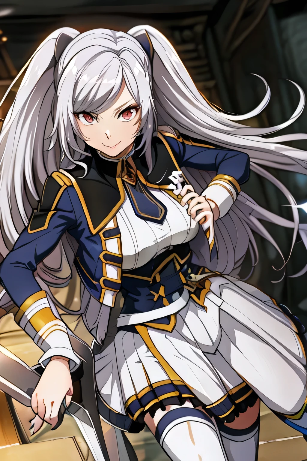 Can you draw a figure with a sword?,Statue,draw a lovely woman smiling, Military uniform ,silver hair,mecha-like twin tails, , Big breasts, thin waist , more delicately,Please describe your hands and feet accurately,Building Interior, ,Faces are very important,