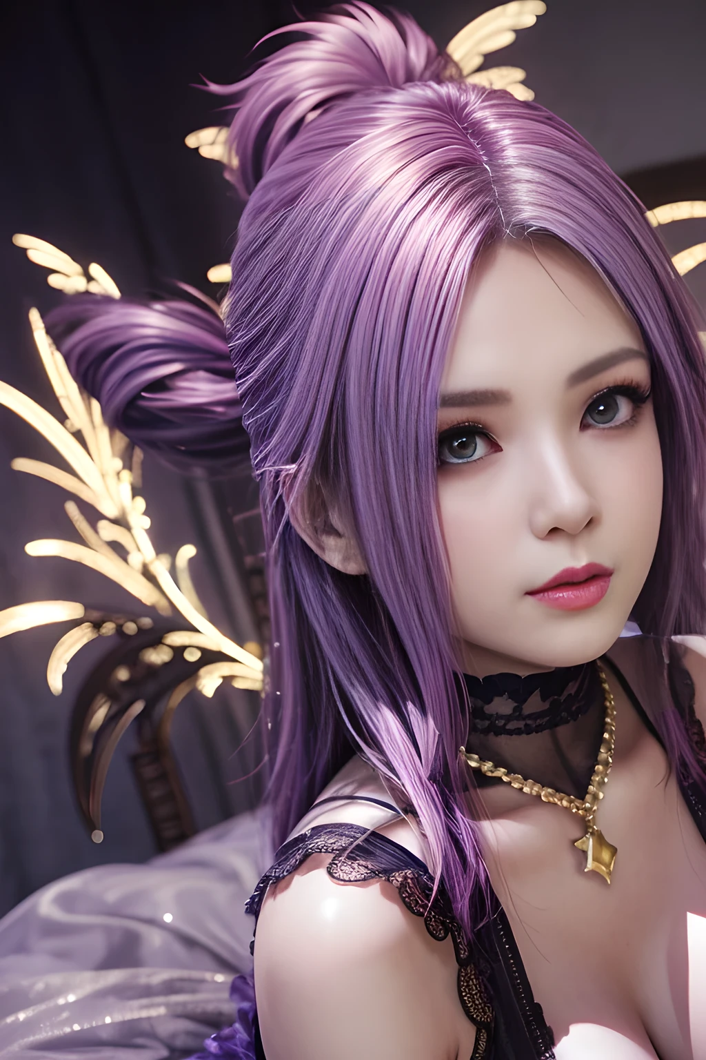 (Extremely detailed, In bed, filigree, Slightly fat, plumw, largebreasts,Sexy and feminine,Refined face, Close-up of people),The left and right eye colors are different(The left eye is red,The right eye is blue),There is a purple flame tattoo in the middle of the forehead