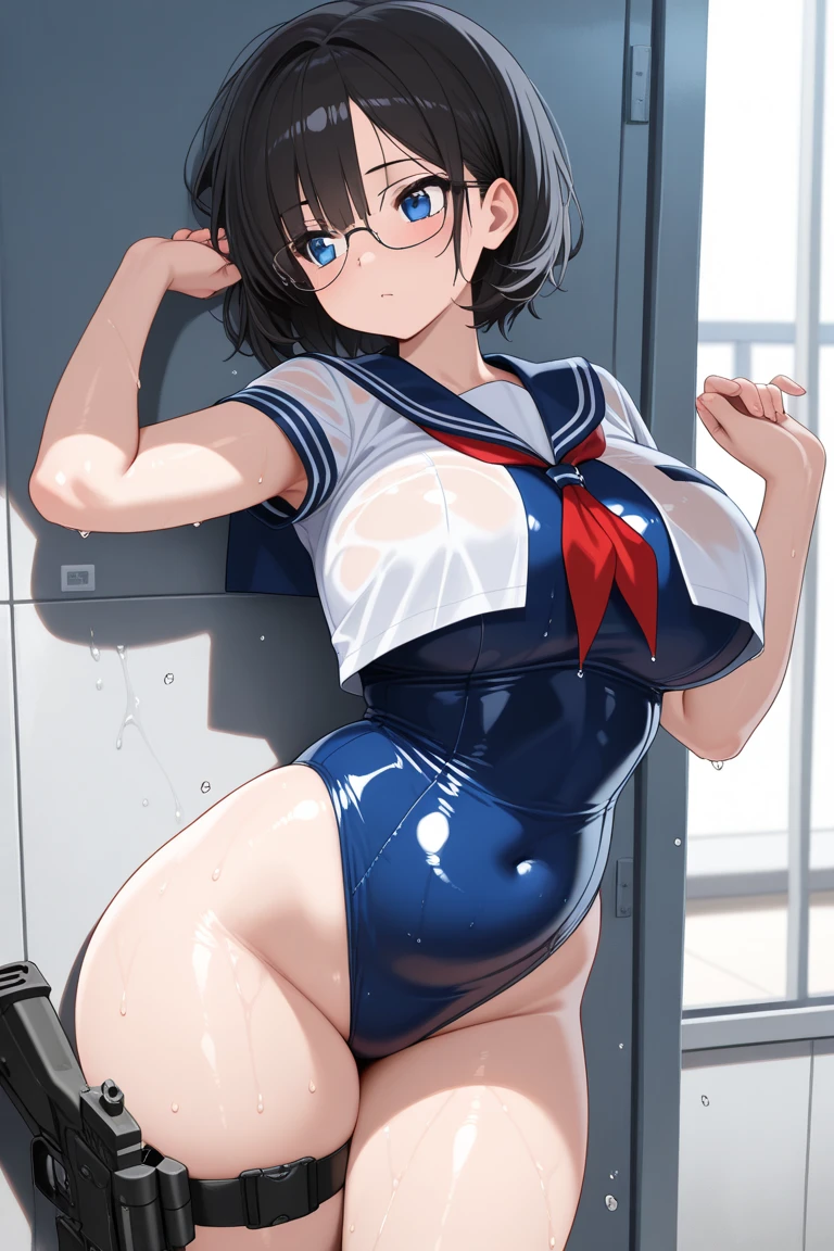 (Very detailed CG Unity 8K 壁紙),(masterpiece), (Highest quality), (Very detailed), (Best illustrations),(Best Shadow)、1girl arms_behind_back bdsm black_hair blush bondage bound bound_arms covered_erect_nipples covered_navel female_masturbation grey_eyes highres long_hair masturbation murakami_suigun nipple_clamps nipple_stimulation nipple_torture object_insertion open_mouth original school_swimsuit school_uniform serafuku sex_toy skin_tight solo sweat swimsuit wet