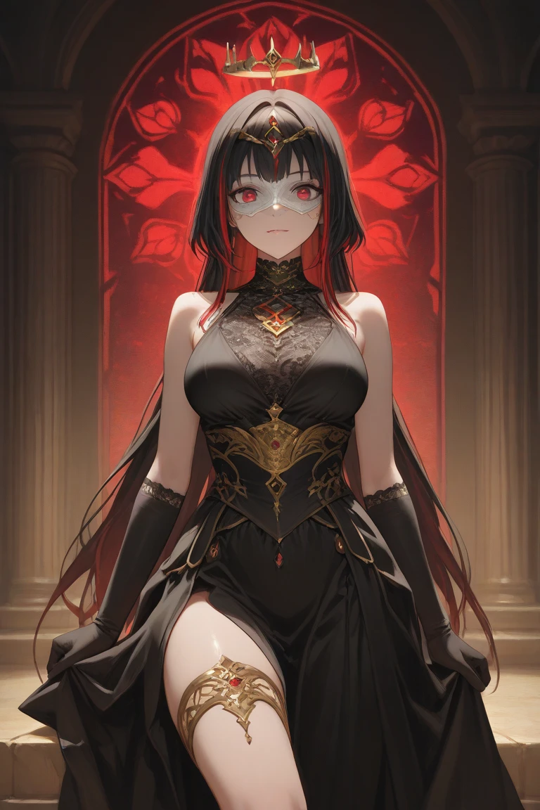A girl with long black hair with white peekaboo highlights, white eyes, fair skin tone, slender and athletic built, medieval royalty  clothes, detailed hair, detailed body, best quality, aesthetic, 8k