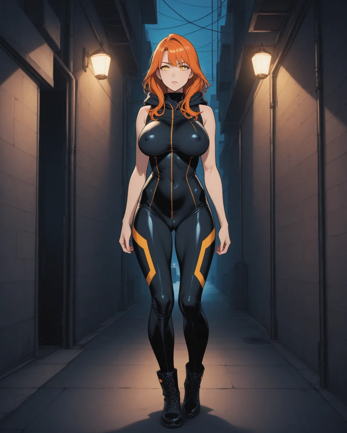 {1girl in},{{{{{masutepiece++, Best Quality++, Ultra-detailed+, 超A high resolution,(Photorealistic:1.4),Raw photo,(Nami)+,(Nami)+,(One Piece NAMI)+,(Onepiece),Orange hair, Girl in black latex full body suit,very aesthetic, Best Quality, absurderes, 1girl in, Brainwashed,}}}}}, ((purple glowing eyes 1.4)), (huge-breasted:1.2)deadpan, laboratory, Darkness Room, (Neon light:1.2), (Night:1.5), stand up and salute