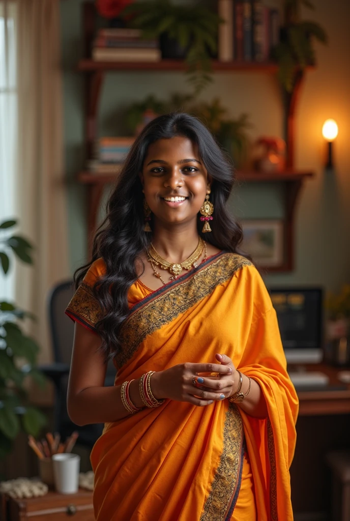 a sexy tamil aunty in office, dark skin, sexy smile, office maid busty, saree,  big ass, black lipstick, high heels,