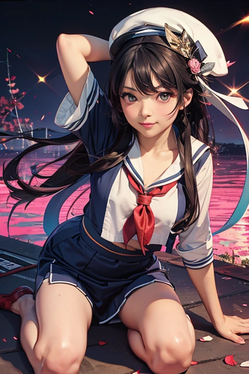 A skinny girl with black hair and freckles dressed as Sailor Mars, wearing red high heels and white gloves with a shy look on her face. barefoot Comiket Venue
