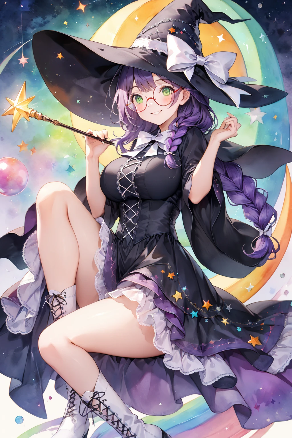 1girl, solo, plump, witch, purple, blue eyes, glowing eyes, cape, star pattern, purple t-shirt, wavy skirt, sequins, transparent fabric, black socks, witch hat, glowing star, purple long hair, twintails, bangs, sitting, fire, lights, flying lights