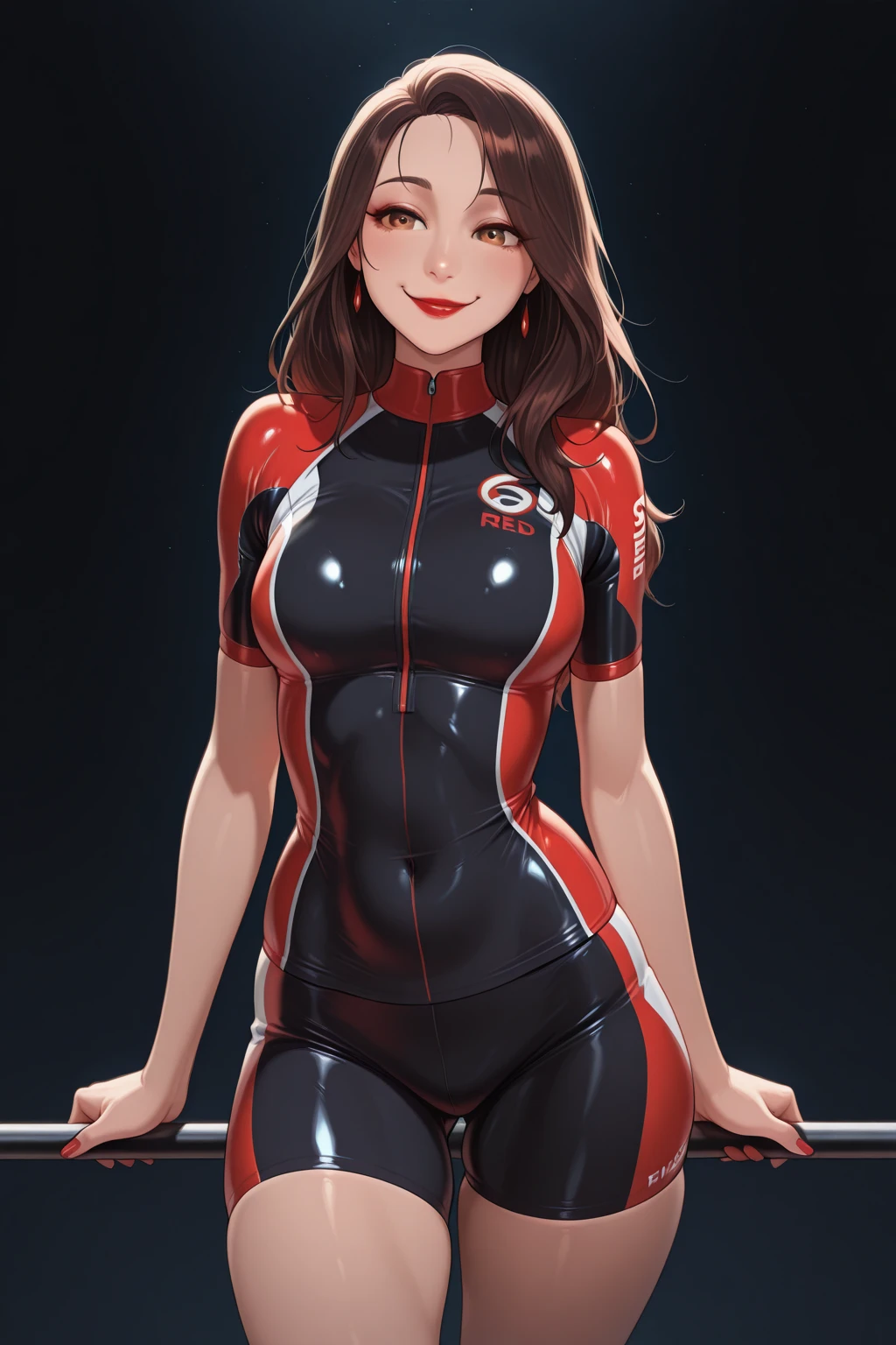 realistically、Super high saturation、8k、Long red curly hair(((a 30 year old girl)))、((She is wearing an orange and navy blue turtleneck indigo swimsuit。)).、swim、Thighs are thicker、Emphasis on muscle development。、turn around,Show your butt、Various sexy pose swimプールround olympic 体操選手ics stadium 美しい顔, Highly detailed face and skin textures, (Eyes have small wrinkles, double eyelids, thin eyebrows, glitter eyeliner: 1.2, natural cheeks, skin shiny, White skin,, (shiny lips: 1. 4),Sweating 1.0、(((vitality)))