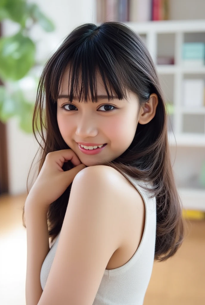 Best-quality, Masterpiece, Ultra-High-Resolution, (Photorealistic:1.4), Raw-Photo, Best-quality, Masterpiece, Ultra-High-Resolution, (Photorealistic:1.4), Raw-Photo, 1girl, ((the most famous Japanese idol)), ((extremely cute face like the most popular Japanese idol, (((extremely beautiful big-black-eyes))), extremely beautiful hair)), extremely beautiful skins, extremely realistic skins, extremely beautiful long-eyelashes, extremely beautiful lips, extremely beautiful cleavage, innocent smile