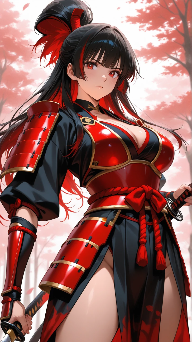 Woman samurai armor long black hair red eyes big breast feudal village demon