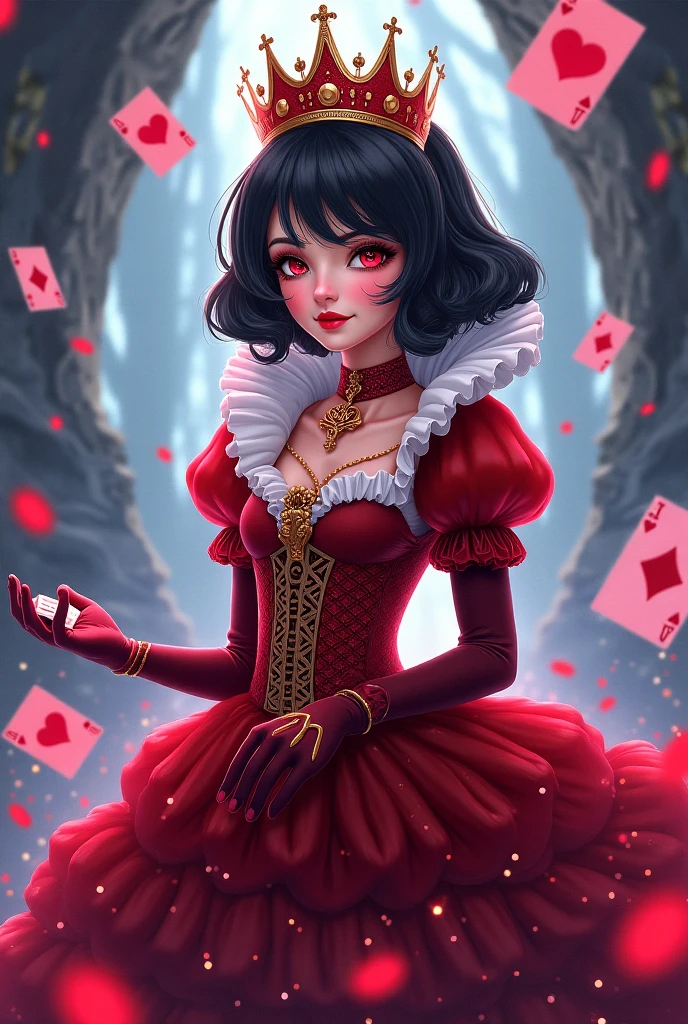 beautiful queen jester, Mixture black and white hair, Eye pupils in the shape of love, jester dress, jester crown, card magic aura around her, clover and love card particles are red, red aura like water, HD lighting and dark )<=(epic image quality)dark atmosphere with bright particle light(many effects in background