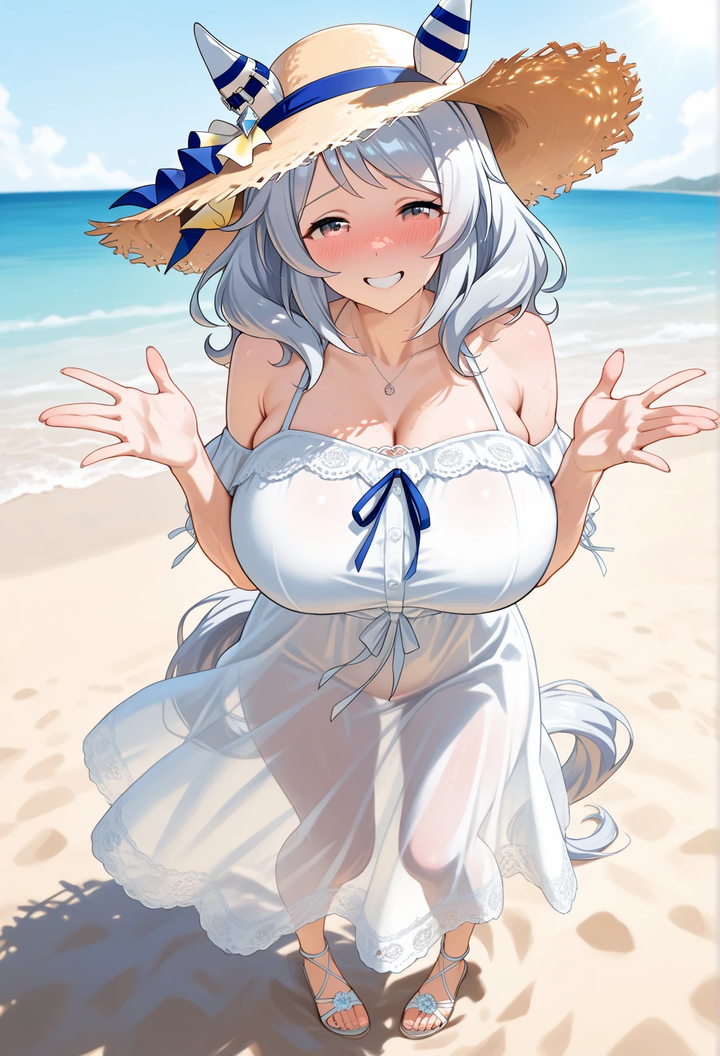 Highest quality, masterpiece, , ,short, Huge breasts, Gray Hair,Low twin tails, Purple eyes, Yukinecris, Thin twin tails,, Beach, Ocean, White Dress, White Skirt, White dress, Straw hat, (((shy))), (Happy), Leaning forward, summer, From above, Reaching out, smile,