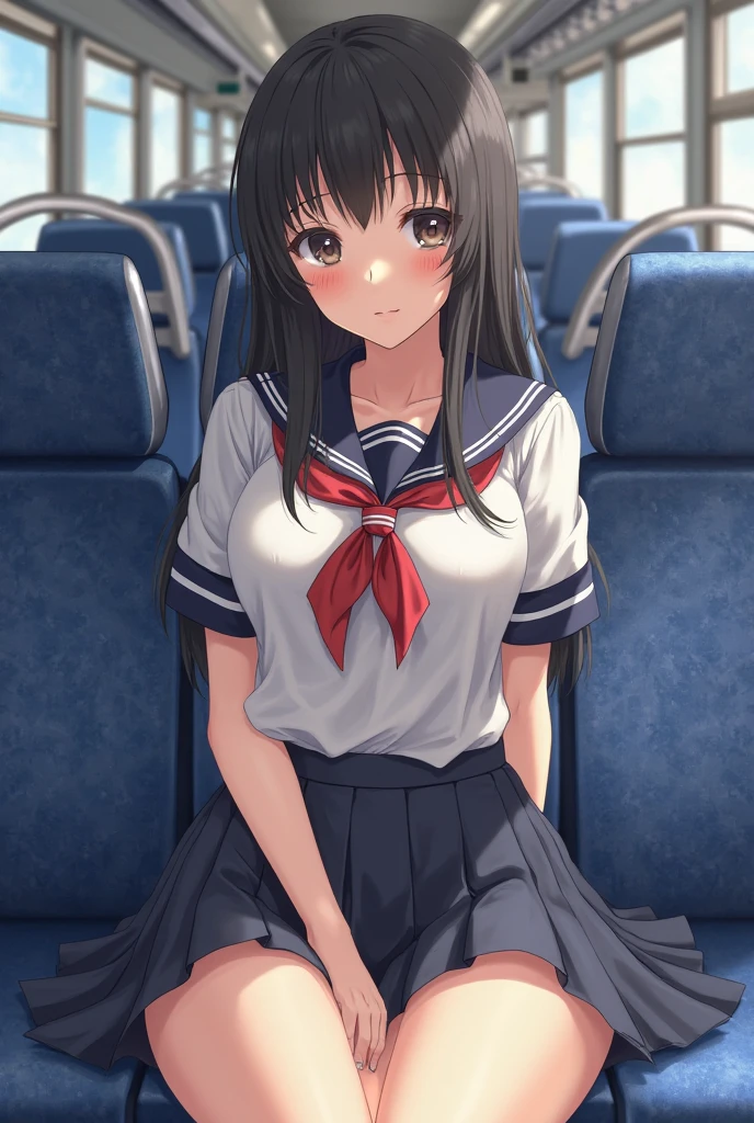 "(masterpiece, High resolution, Ultra High resolution, 4K) black hair, 20 year old Japan girl, uniform skirt, emphasizing thighs, white thighs, soft thighs, Gorgeous thighs, Sitting on the train, face to face angle, (angle from below), sitting on a train seat, sitting in front, Crotch zoom camera ,Put your feet on the train floor,whole body, only looking at the viewer, highest quality, 超High resolution, (realistic:1.4), nsfw, lift skirt,