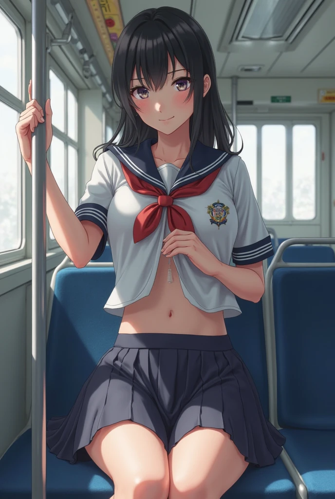 on the train elementary school girl 8-year-old flat chest black hair long hair eyes are purple ((1 person)) Upper half length sleeve white sailor uniform Lower body navy blue miniskirt((White panties are visible)) black socks sneakers Standing in front of the train entrance spread your legs a little I can see white panties dynamic angle Low angle from the front