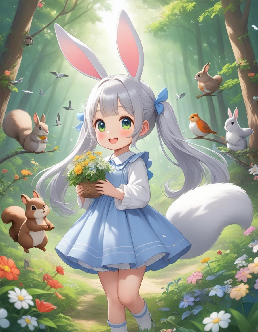 【Top image quality】Kawaii Girl in woods Forest creatures bunny rabbit dark circles a squirrel There are also。There are also mushrooms。Eared rabbit bare-legged Cute white costume White panty rabbitears shortsleeves Light blue long hair Twin-tailed A charming smile