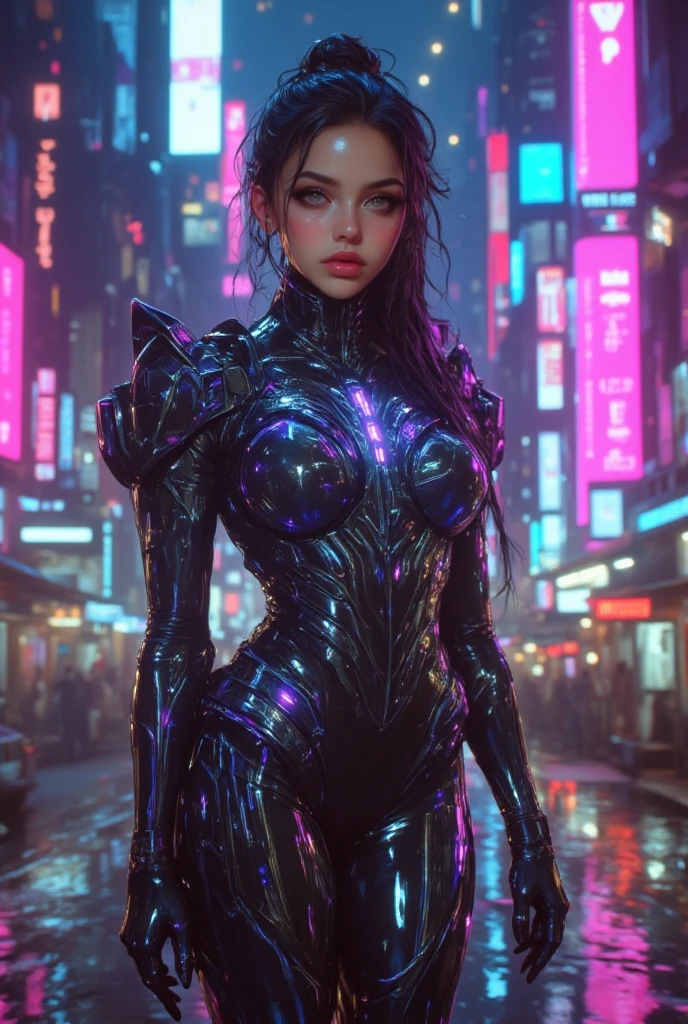 masterpiece,best quality,ultra high res,Dramatic lighting,(robot:1.2),neon,cyberpunk,medium breasts,looking at viewer,broken city,medium shot,