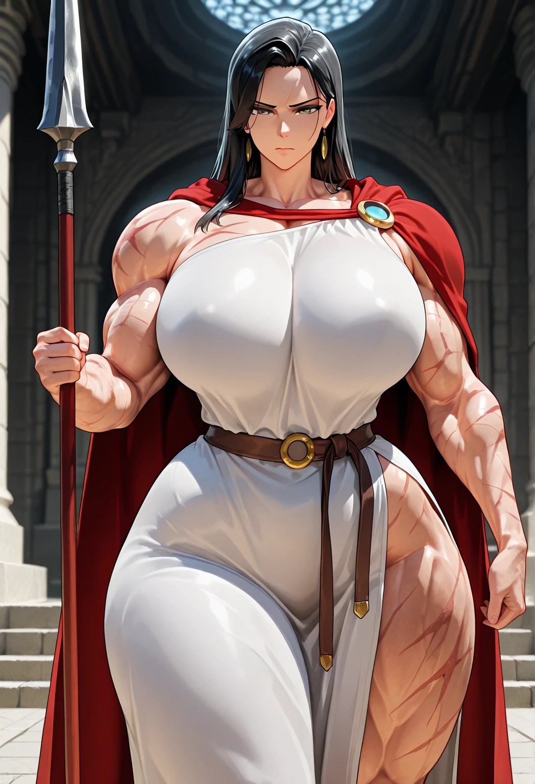 (masterpiece, hiquality: 1.1) 1girl full body standing good face, nice ass, hairstyle: braid, Color Hair: White long hair, Blindfolded: NO EYES, Skin: White (porcelain skin, sparkly skin), muscular, thights, mature woman, abs, looks at the viewer smiling, extremely huge breasts, maternal, chest cover with clothes