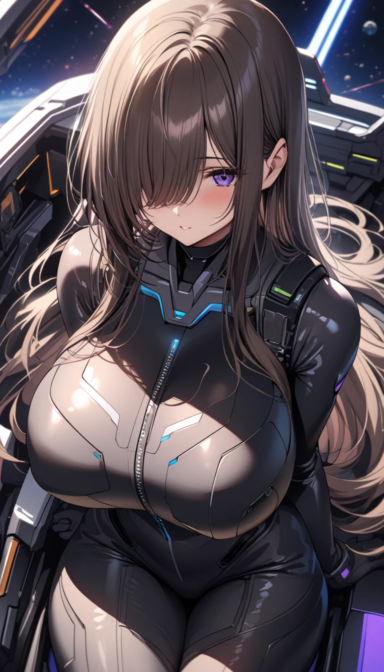masterpiece、Top image quality、Black hair、Black bra、Colossal tits、mechs、animesque、8K,masterpiece, bset quality,Colossal tits、(1girl in)、((Pit Girl Suit))、shinny skin、Shiny big、dark-brown eyes、 ((top-quality))、 Crisp focus:1.2、Highly detailed facial and skin texture、A detailed eye、face perfect、perfect bodies、art by、nffsw、Blur the background、japanes、Big breasts with a strong presence、Circuit field、Blur the background、Cowboy Shot、