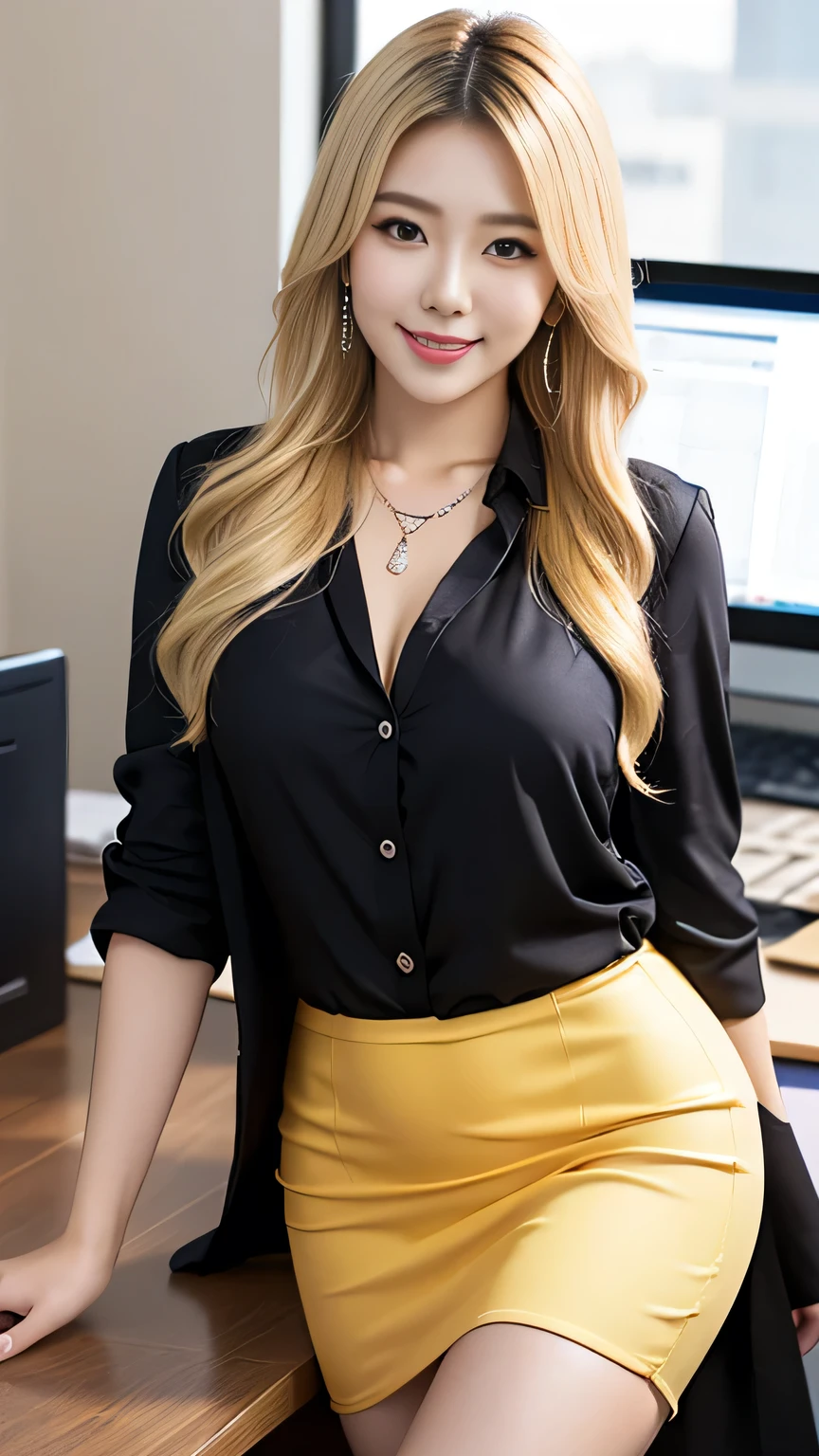 (RAW Photos:1.2), (Realistic), Beautiful details, (Genuine: 1.4), Very detailedな目と顔, Beautiful and detailed, Standing in the office、(Ultra-realistic pantyhose、High heels)、Large file size, High resolution, Very detailed, Highest quality, [masterpiece:1.6], Consciousness upward, Very detailed, Hmph, In detail, Highest quality, 8k wallpaper, One Mature Woman, 43 years old, Perfect figure, Cute droopy eyes,Beautiful big eyes、Peak Finger, ((Tabletop)), Highest quality, One Mature Woman, eye shadow, Portraiture,((Extra long brown hair:1.2))、((Gold Necklace＿Large earrings:1.2)), ((Office Lady,Black Office Blazer,luxurious silk blouse,Office Skirt:1.3)),((A shy smile:1.3)),