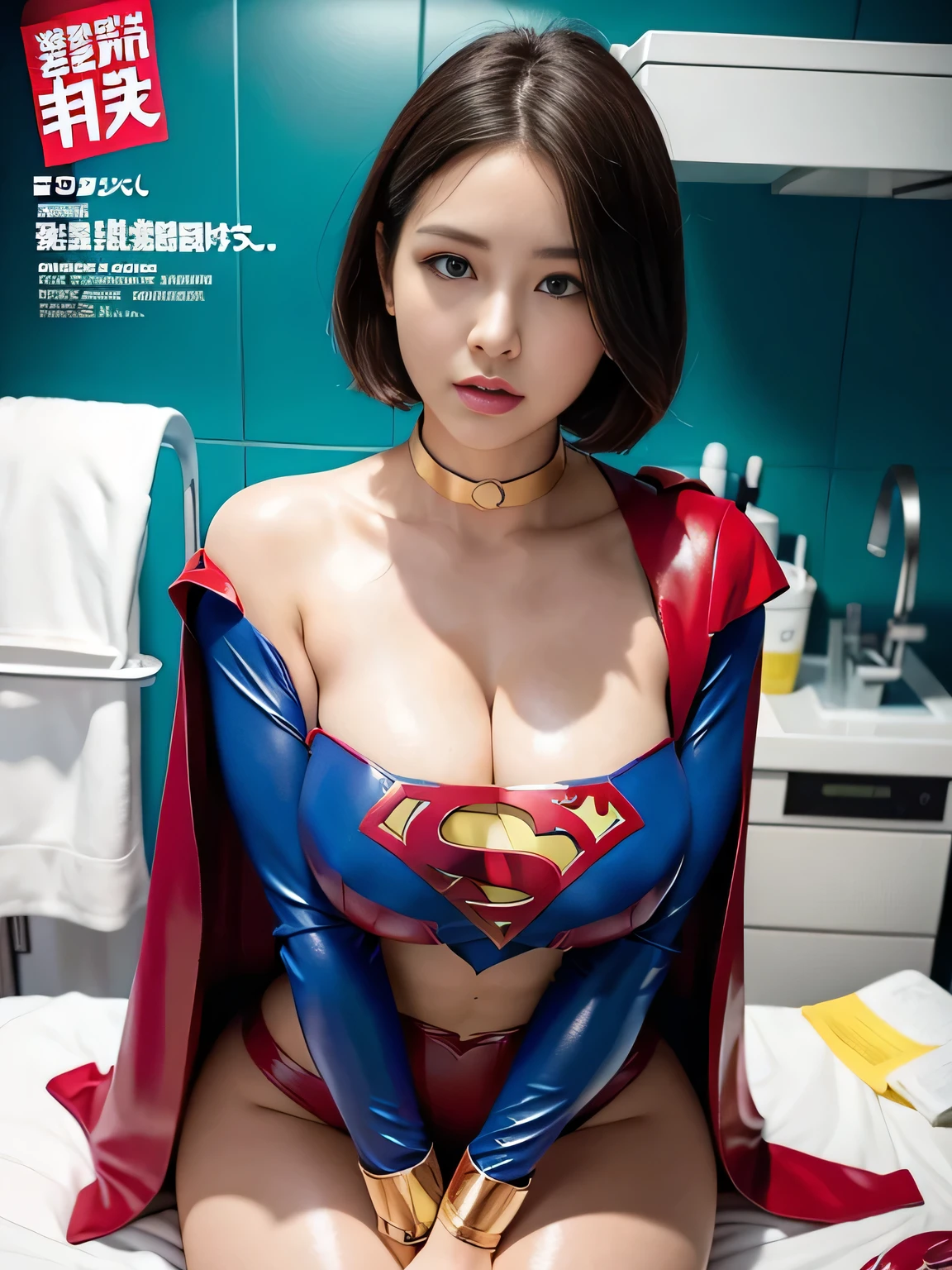 masterpiece、Enamel Supergirl Costume、Short Hair、Hospital operating table、Crisis situation、Big and ample breasts、looking at the camera、Shiny、Off the shoulder、choker、Long sleeve、exy poses to seduce、Sweaty skin、Model Body Type、Alluring、charm、Enchanting、Abused、test subject、victim、Wild、Photorealistic、latex、Expose your belly、athlete、Racing Bloomers、Weekly magazine cover、Red cloak、Physical examination、