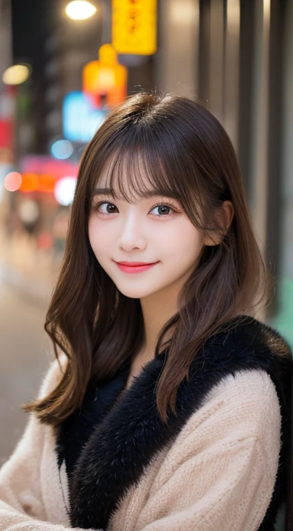 Tabletop, Highest quality, shape, Very detailed, finely, High resolution, 8k wallpaper, 完璧なダイナミックな構shape, finelyて美しい目, Wearing a black dress,Medium Hair,Natural color lip, smile,Harajuku、Teenage Girl、cute、Looking into the camera、C cup、Brown Hair、Blurred night New York background