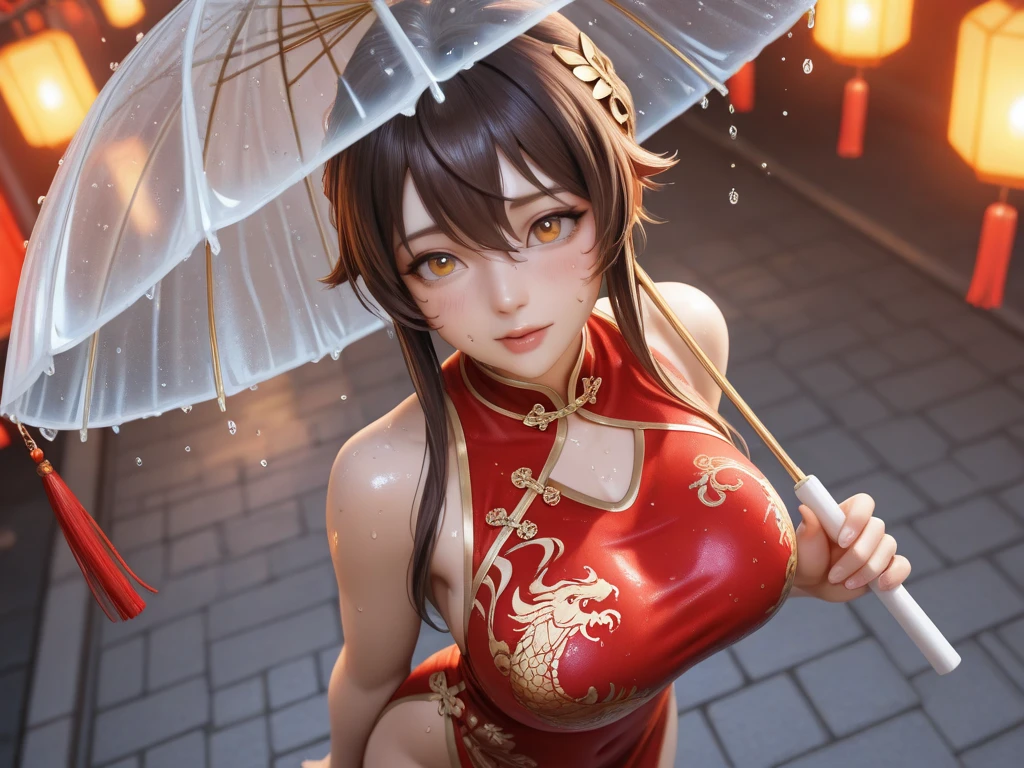 Red cheongsam, 1个Giant Breast Girl, Alone, brunette color hair, short detailed hair, The upper part of the body, ssmile, parasols, a matural female,