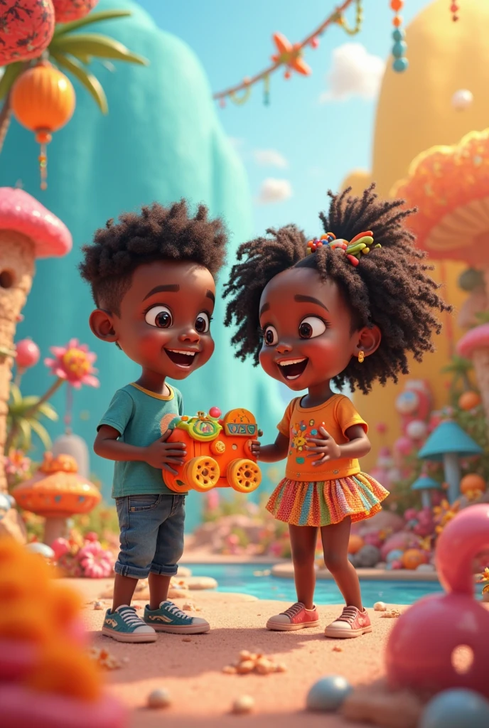 A colorful and vibrant montage with the theme of Cosme and Damião&#39;s party. En el centro de la imagen, there are two figures of twin children,black, with African clothes, symbolizing the Ibejada, with cheerful smiles and colorful traditional clothes. around the children, there is an abundance of sweets, lollipops, candies and sweets scattered all over the image, Creating a festive setting. 