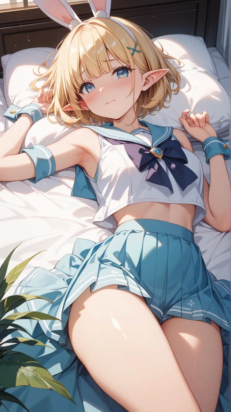 NSFW Sailor Uranus, Kizuki Eye,, Big and ample breasts, Aqua Eye, Blonde, Sailor Warrior Uniforms, Sailor collar, Chest Bow, Yellow ribbon, Attractive skirt, White elbow gloves, Bedroom, (Nice:1.2),Shirtless and staring at the viewer, Erect nipples、Showing panties、Ultra mini skirt、Micro Panties、(Dynamic pose:1.2)、(Downから見る:1.2)、Camel Toe.Between the legs、belly button、Spread your legs.(Browsing Caution:1.2)、(Down :1.2)、Between the legsフォーカス、Dynamic Angle ((topless))++ 綺麗なBedroom Night view ( Sex, sexual intercourse, Insert, Hetero, Motion Lines, Motion Blur, Talking Spirit:1.1), (Lying, Lying on your back, bed,Subjective:1.1)(cum on body / bukkake projectile cum excessive cum))