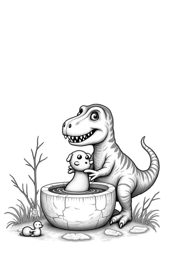 coloring book for kids baby dinosaur sitting on floor middle of the forest, few trees, low details, monochrome, balck and white, white background,