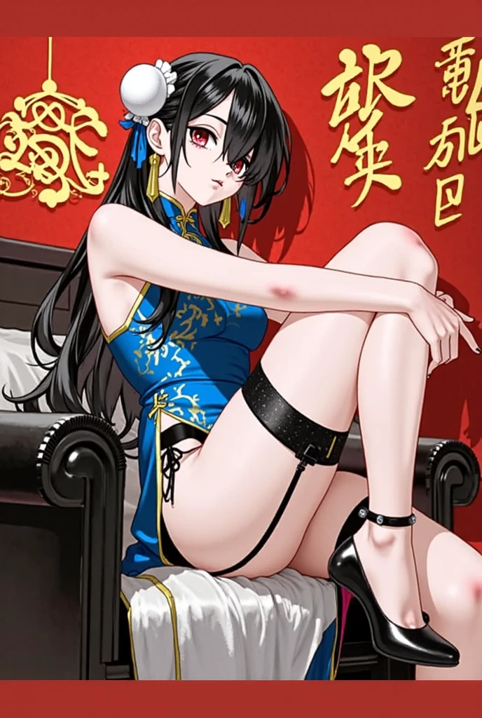 (High resolution), (32K), (very very highly detailed), (Best illustration), (beautiful and delicate eyes), (best quality), (super detailed), (master piece), (Detailed and delicate face), solo，Highly detailed face and skin texture，fine eyes，double eyelid，Spread your legs and use props、 embarrassing smile，shy face、spread legs，high details，Wear pin heels,(dynamic pose)，1 girl, black long hair , black eyes, long legs, (camel toe)，(((big breasts)))、Exposing genitals without wearing pants，camel&#39;s toe，The protruding PUssy ，cocked ass，I grew up sexy、(((Gorgeous long Chinese dress with flower pattern)))、Forehead、best style