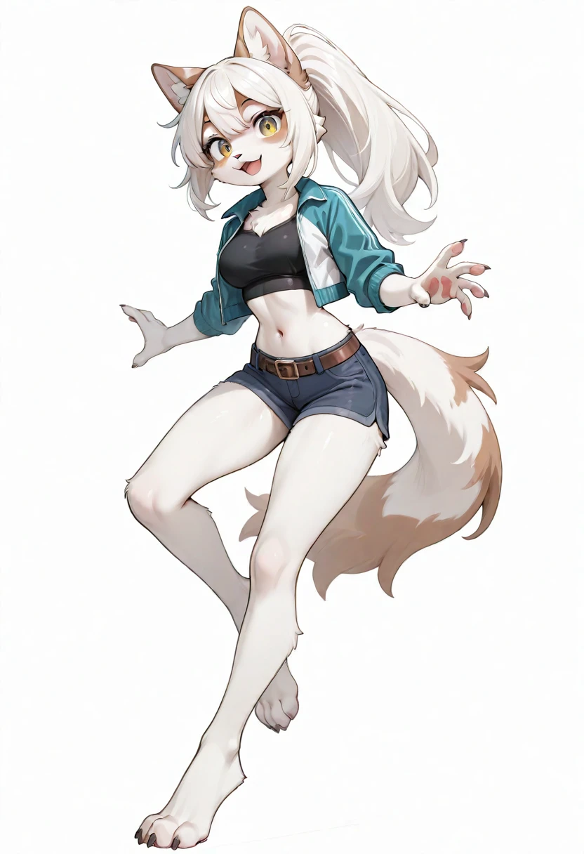 wolf girl、adult、2 Men Arms、Four wolf legs、quadrupedal walking、delicate、Delicate face、wolf ears、Silvery white hair and body hair、Flat chest、T-Shirts、(exposure of the abdomen)、Sharp Eye、Ultra HD